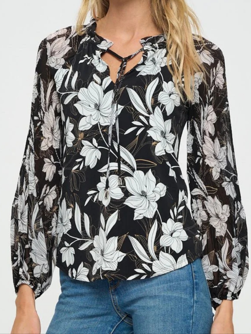 WHBM Magnolia Lines Tie-Neck Long Sheer Sleeve Floral Blouse, Size Small